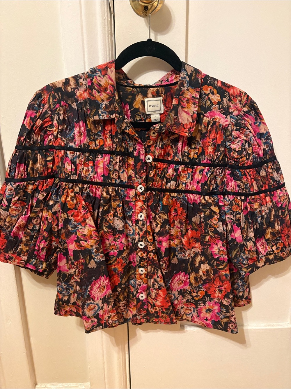 Maeve Dark Floral Button-Front Puff Sleeve Blouse in Pink and Orange